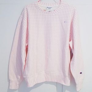 pink checkered champion sweatshirt